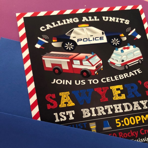 First Responders Birthday Invitation, Firetruck Car, Police Car ...