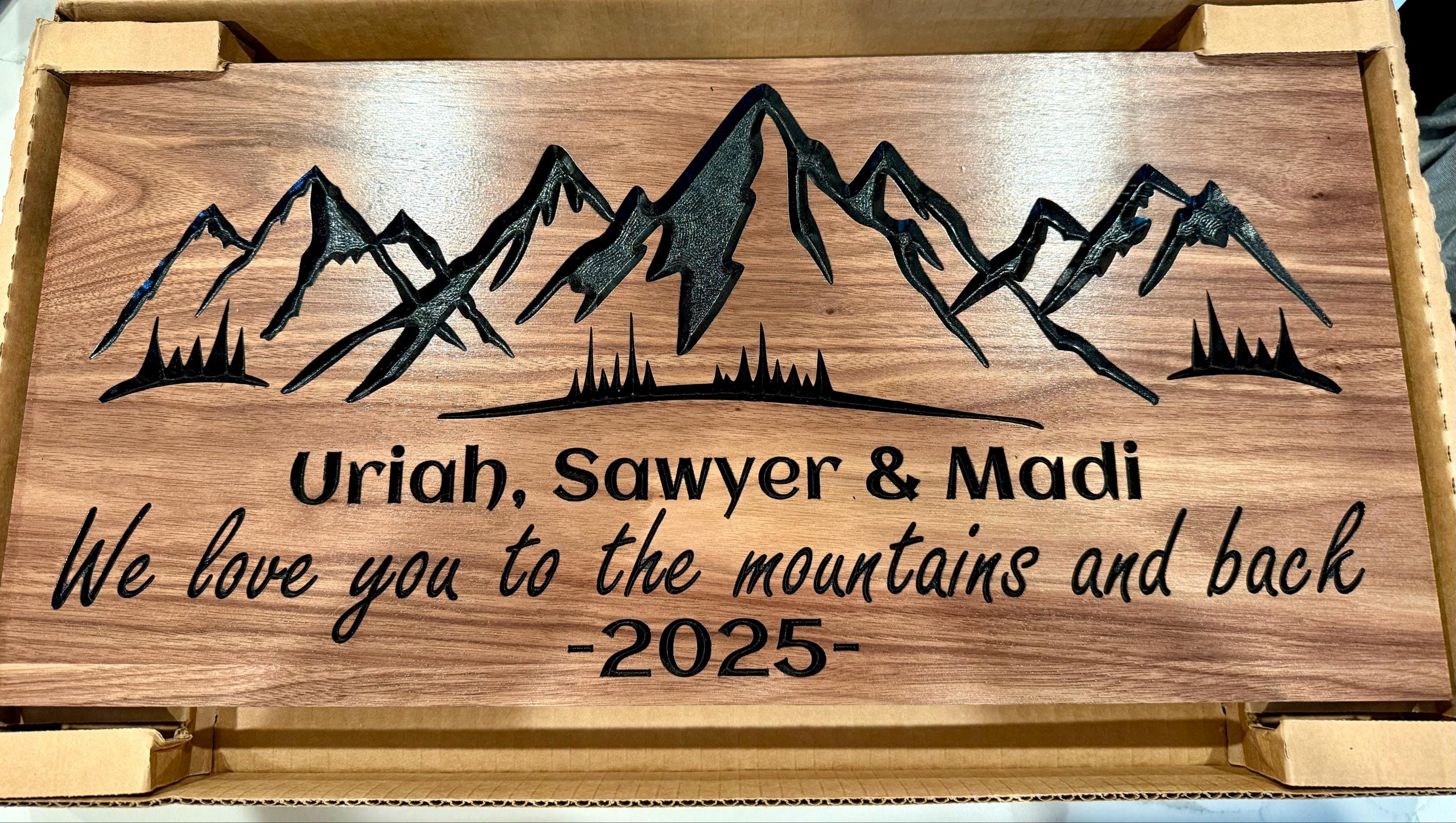 Custom Carved Mountain Wall Art - Unique Anniversary or Wedding Gift with Family Name Established Date Wood Sign, with Love Comes Adventure