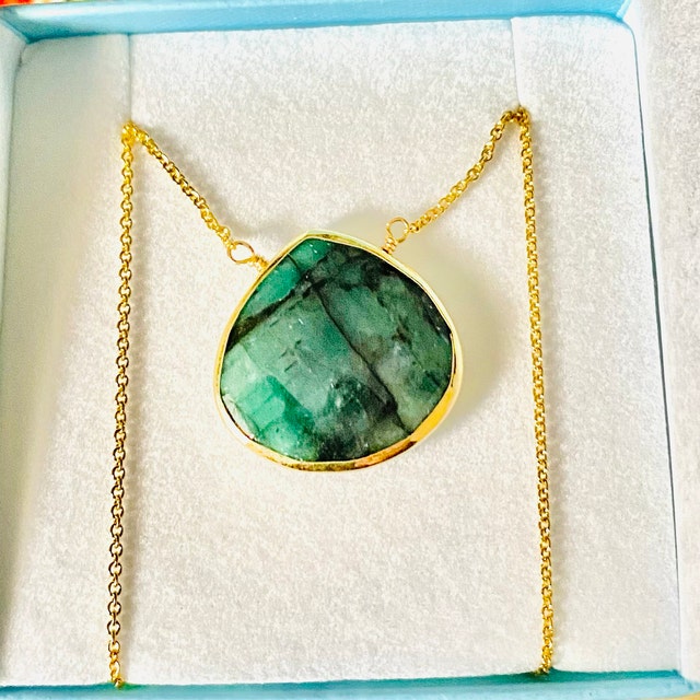 Raw Emerald Necklace, May Birthstone Necklace, Natural