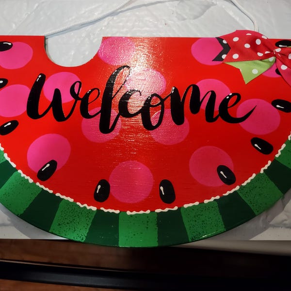 WELCOME Red Watermelon SIGN Wall Art Door Hanger Plaque Pool Backyard ...