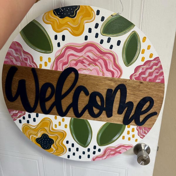 Floral Welcome Sign, 3D Lettering, Wood Cut Out, Hand Painted, Everyday ...