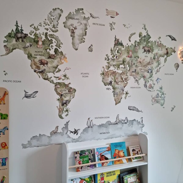 World Map Wall Decal, Animal World Map Decal, Kids World Map Decal ...