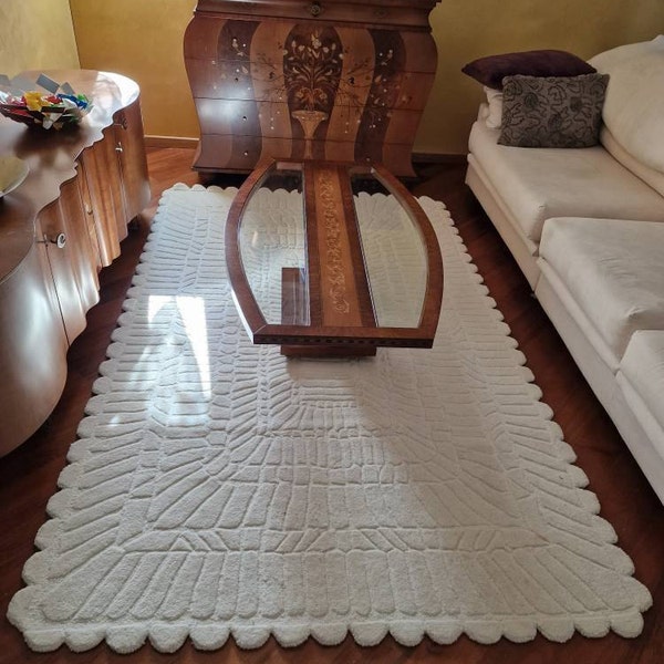 Round Rug, Abstract Round Carpet, White Round Rug Tufted Wool Circle ...