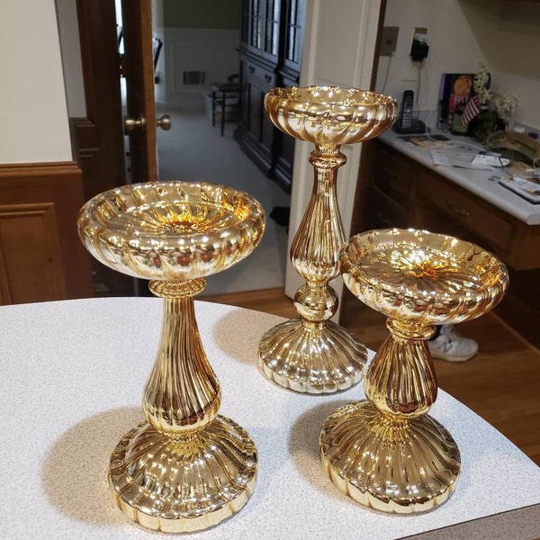 Efavormart | Set of 3 - Mercury Glass Gold Pillar Candle Holders, Taper ...