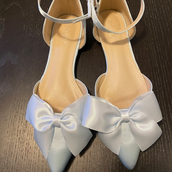 Light Blue Satin Pointy Toe Flats With Front Satin Bow, Women Wedding ...