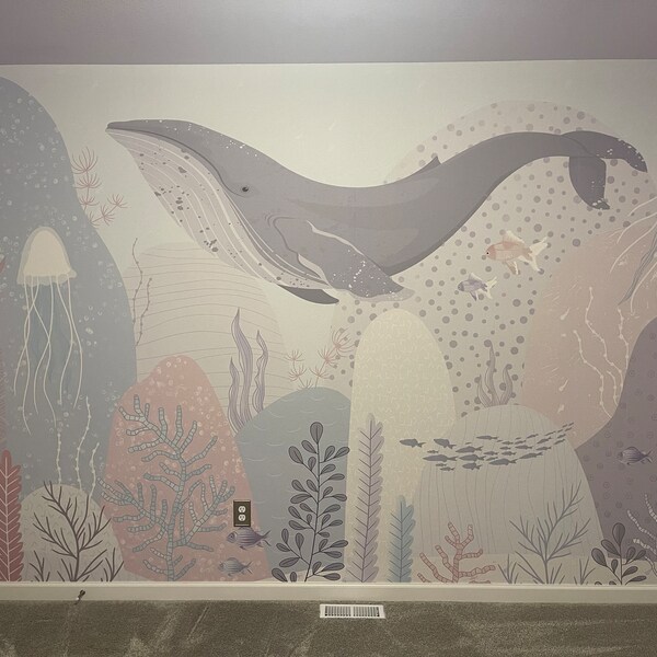 Blue Whale Wallpaper Ocean Motif Nursery Decor Removable Flying Whale ...