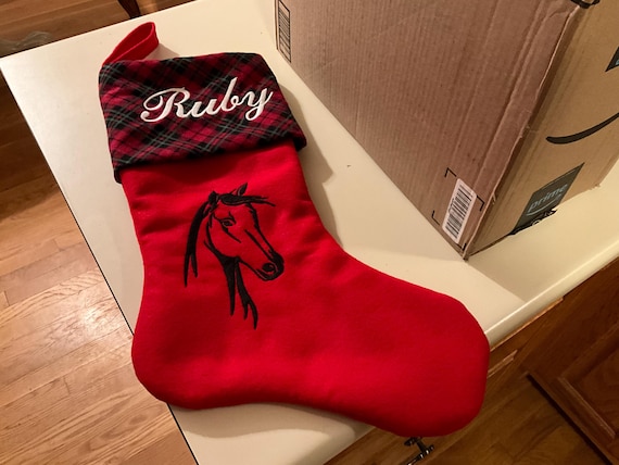 Customer photo of a pet with the Horse Christmas Stocking. Stocking Size