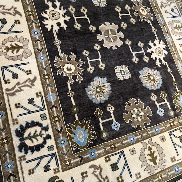 Pushak Rug Modern Blue Oushak Rug 8x10 and 9x12 Hand Knotted Rug Blue and Beige ...