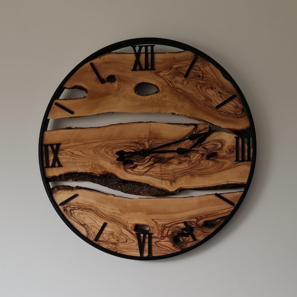 Rustic Timepiece Handcrafted Olive Wood Wall Clock • Rustic Natural Metal Frame ...