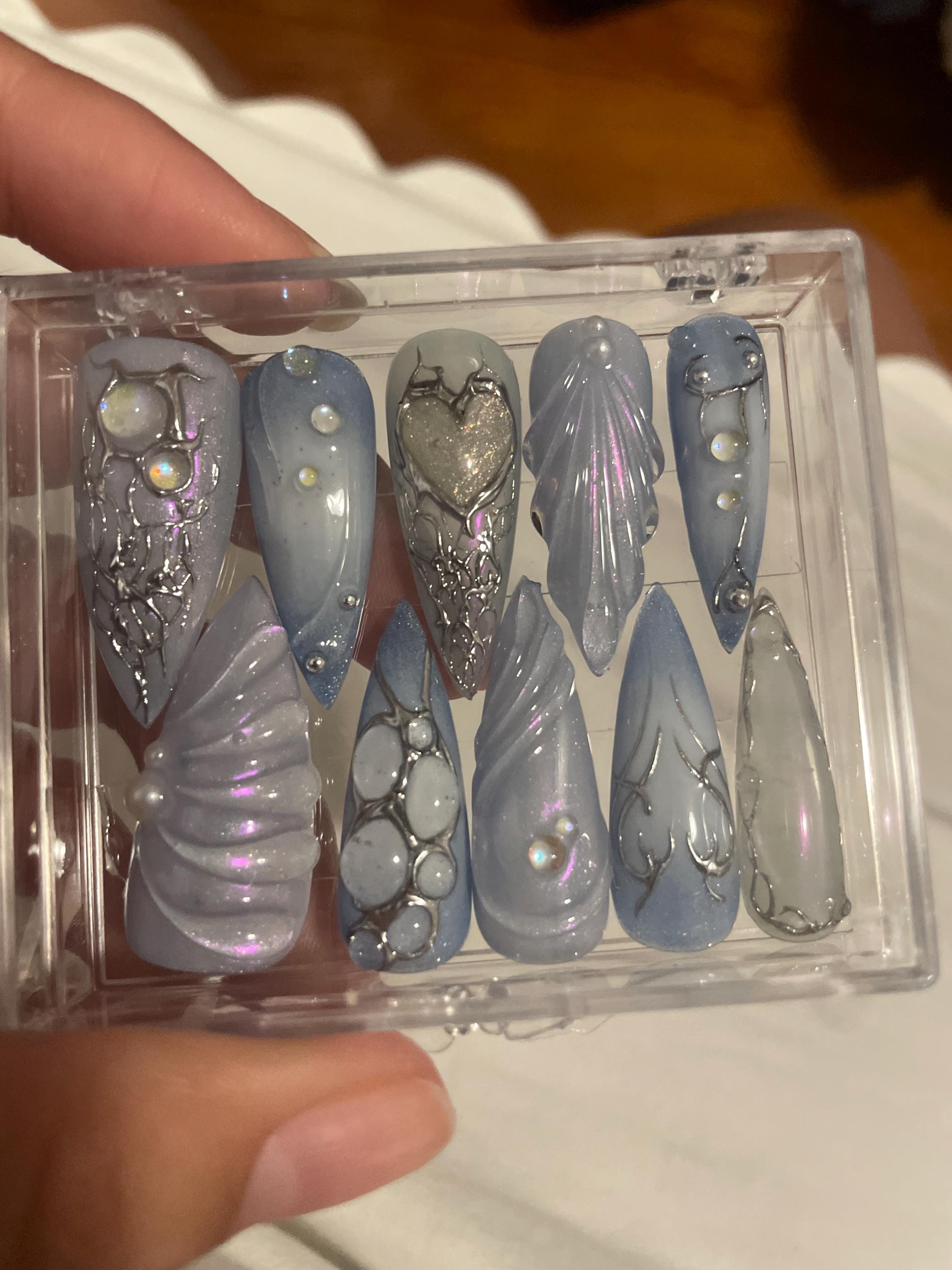 Free Style Blue Mermaid Almond Press On Nails, Handpainted Fake/False Nails, Prom/Event/Birthday Nails, Goth/Gothic/Y2K/Aura Nai