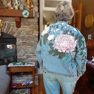 Painted Jeans Oversize Jacket Chrysanthemum and Bird Floral