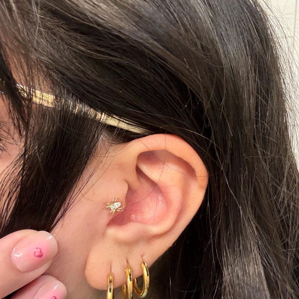 14K Solid Gold Diamond Rook Helix Hoop Earring, Gold Diamond Tragus ...