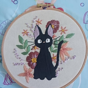 Anime Cat Floral Embroidery Pattern: Jiji Kiki's Delivery Service
