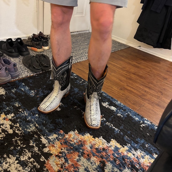 MENS PYTHON Snake Faux Leather Square Toe Cowboy Western Rodeo Boots ...