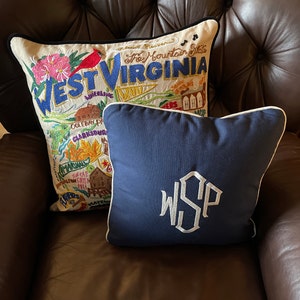 Monogram Pillow Navy Blue Cotton Canvas with Piping 16 x 16 Inches