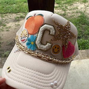 Women's custom bling trucker hat with hat chains- initial hat, smiley face hat, heart hat, pearl hat