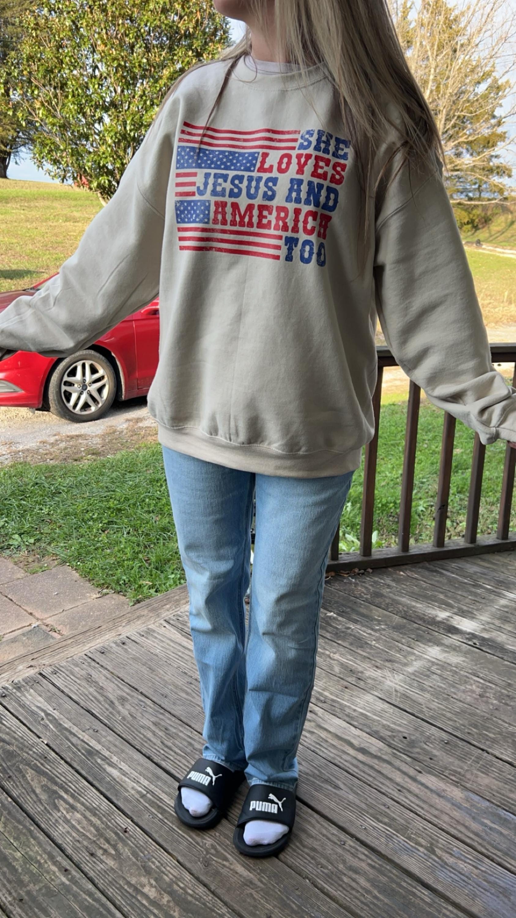 Retro USA Sweatshirt, She Loves Jesus And America Too, Womens USA Crewneck Sweatshirt, USA Shirt, America Sweatshirt, 4th of July Sweatshirt