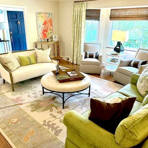 Beige Oushak Rug, Blues Greens Soft Peach Accents, Faded