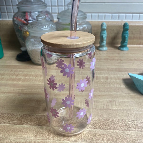 Daisy Iced Coffee Glass Cup | Spring Floral Glass Cup With Bamboo Lid ...