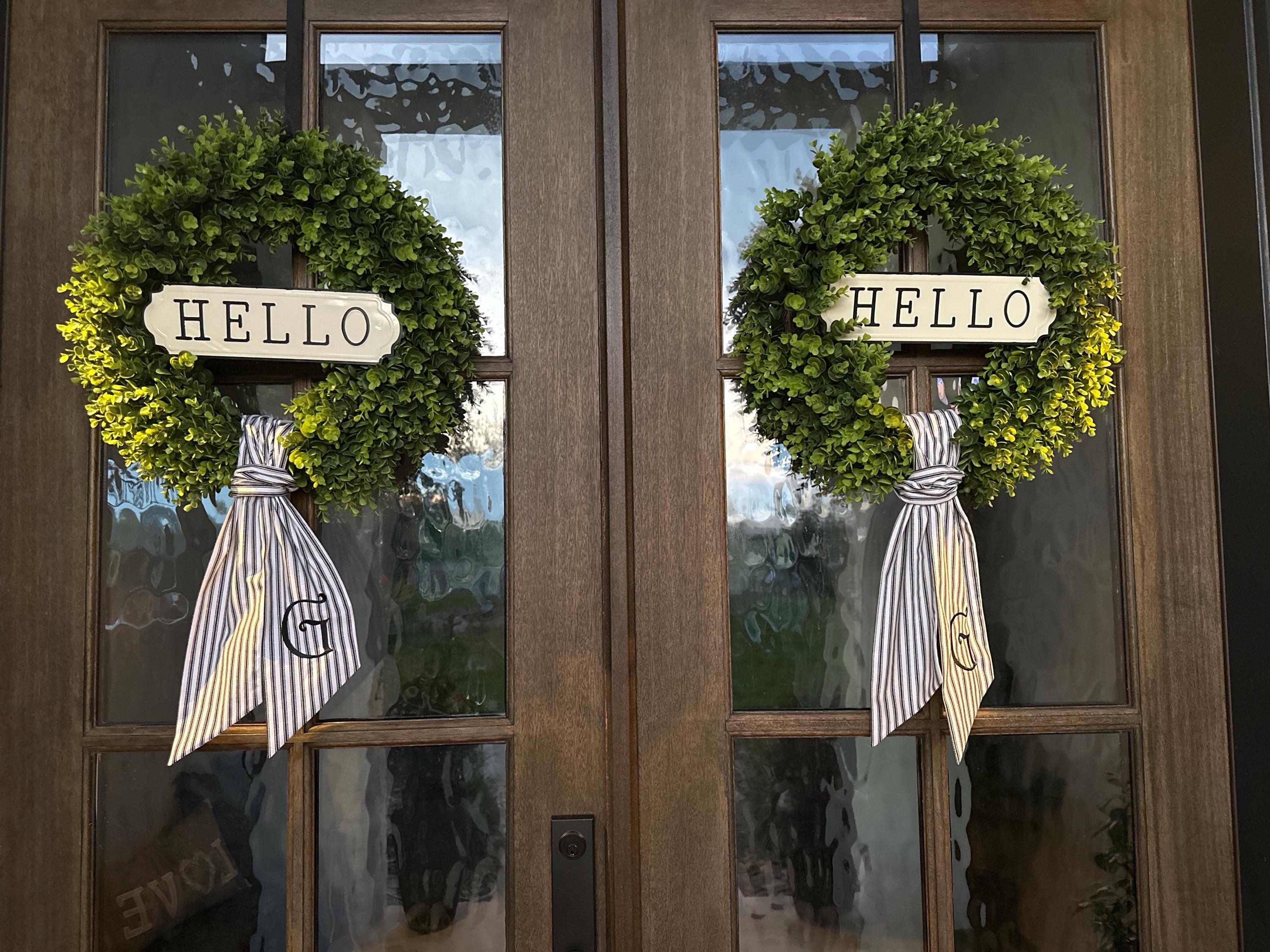 Personalized Black Ticking Stripe Wreath Sash for Front Door, Modern Farmhouse Decor, Striped Embroidered Scarf for Boxwood Wreath, Birthday Gift for Friend