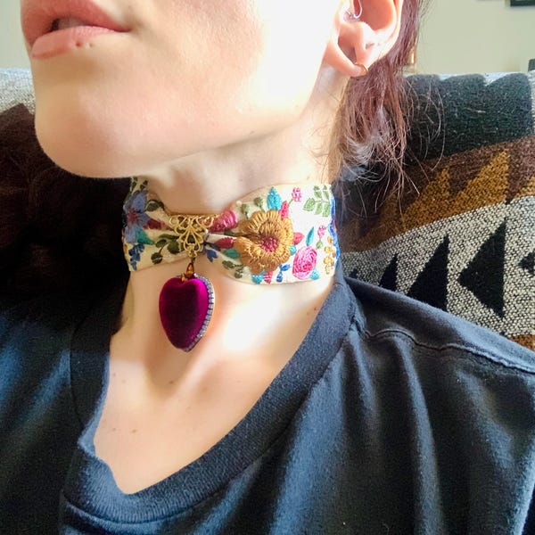 Rococo Choker Boho Wedding Embroidered Floral Silk Velvet Heart