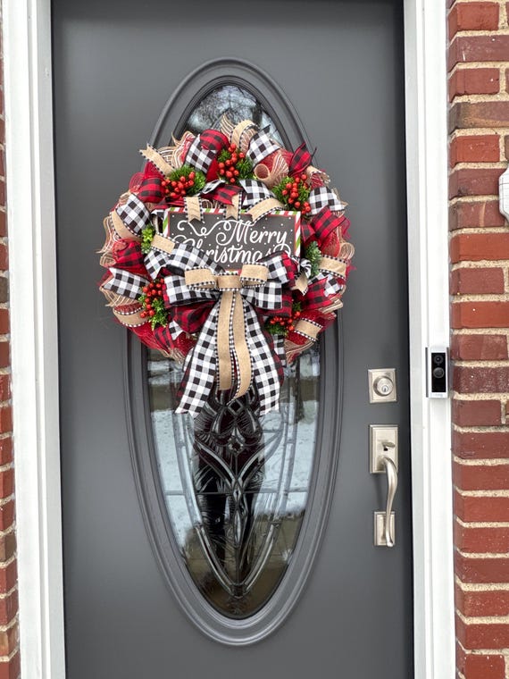 Customer photo of Red Green and White Merry Christmas Buffalo Check Farmhouse Deco Mesh Wreath