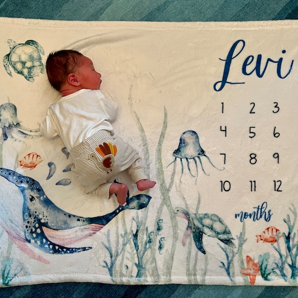 Under the Sea Baby Milestone Blanket, Whale Baby Blanket, Ocean Nursery ...