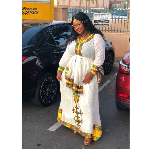 Habesha Dress – White off shoulder Style with Golden Yellow Borders for Meskel Festival main image 1