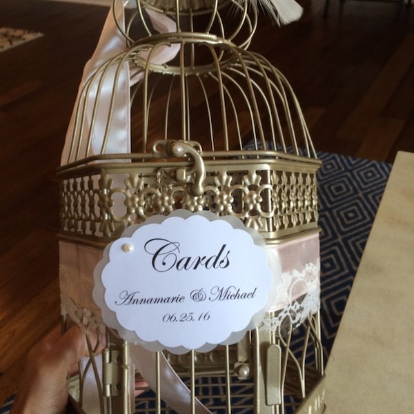 Champagne Gold Birdcage Wedding Card Holder: Blush Pink Lace & Crystals ...