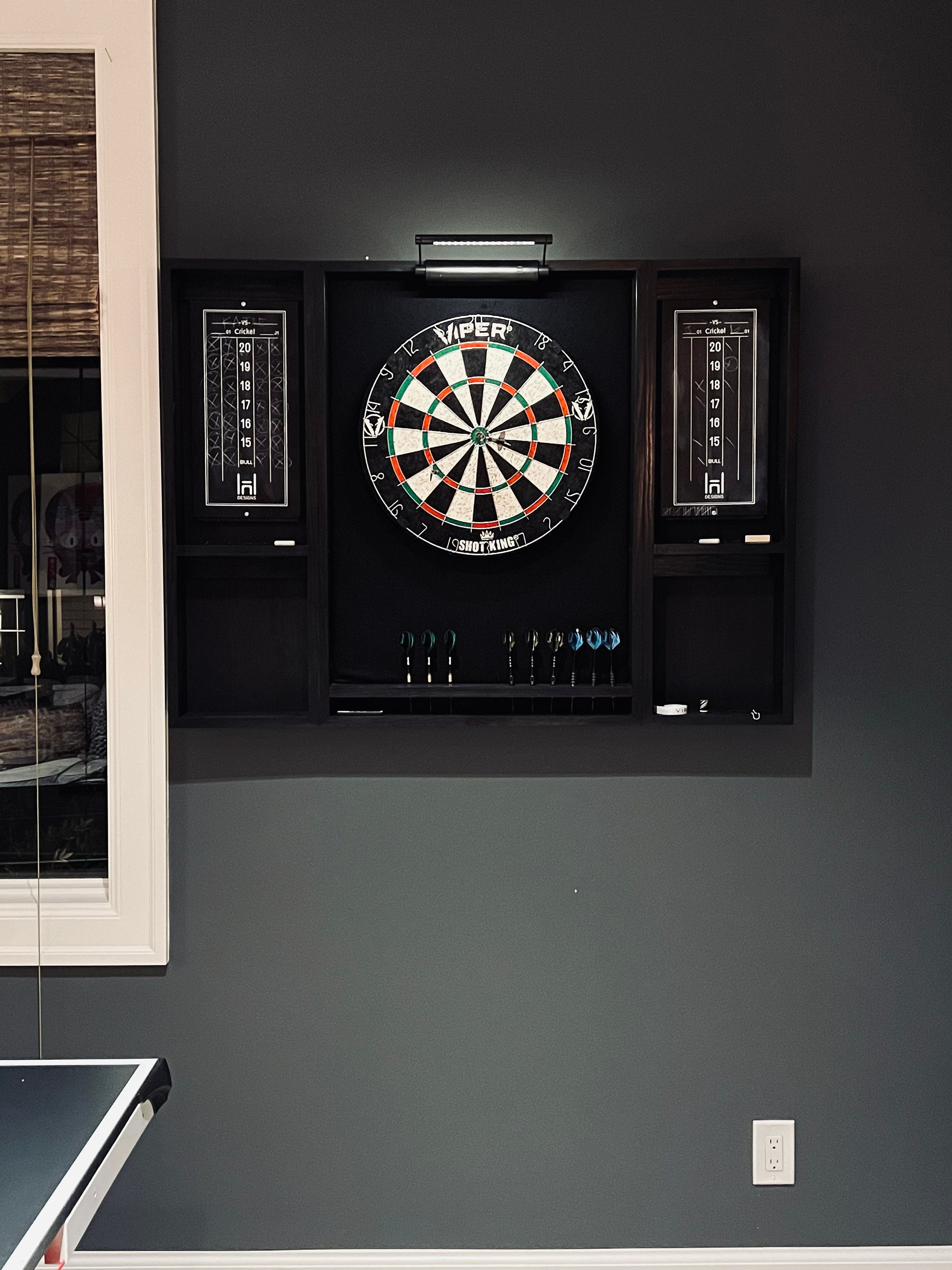 Makes a great fathers day gift  Our best selling Black dartboard cabinet with a Dartboard, darts, led light. and 2 scoreboards.