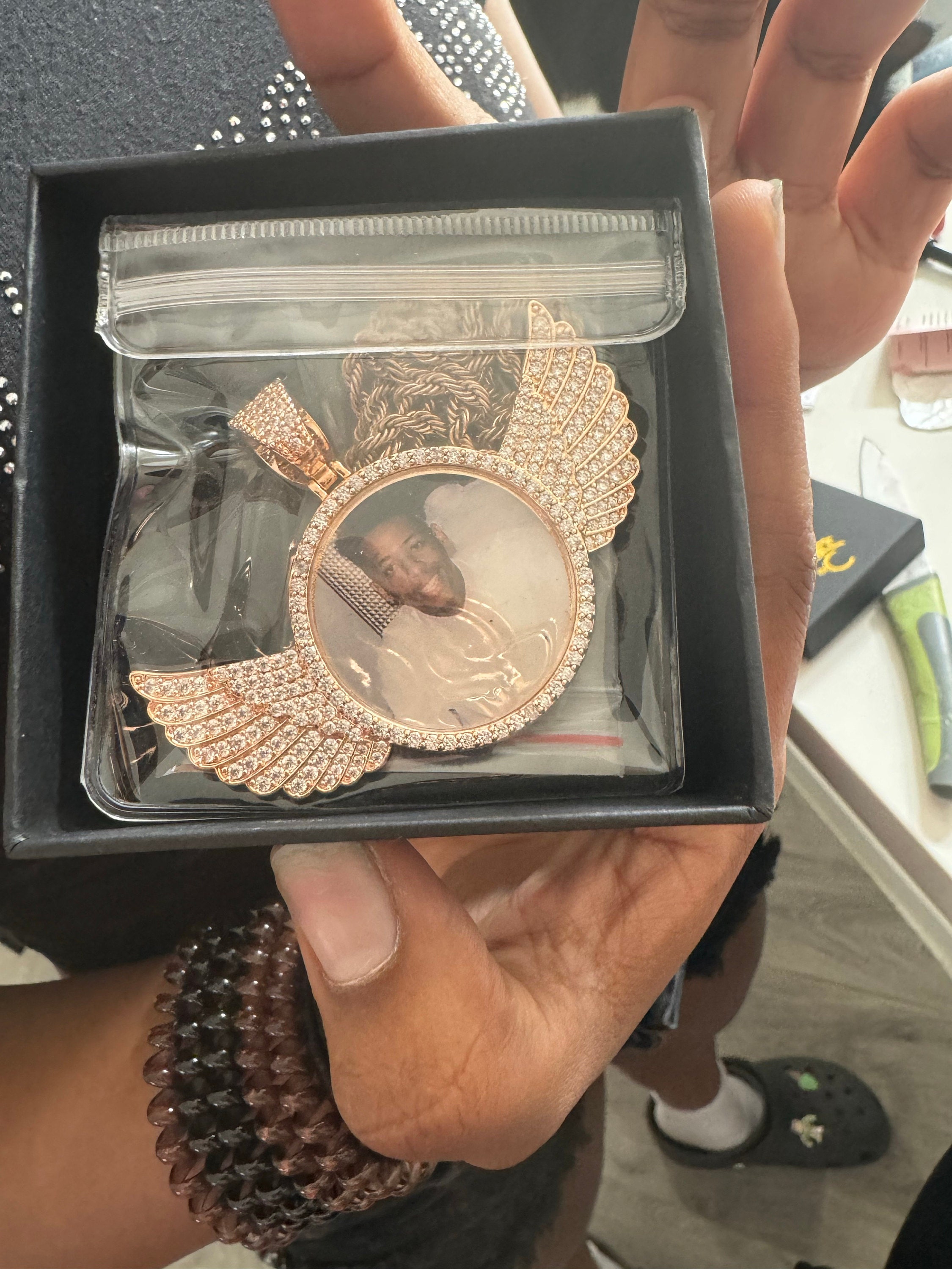 Personalized Diamond Studded Angel Wings Photo Necklace, Photo Necklace, Hip Hop Photo Pendant, Iced Custom Round Photo Pendant