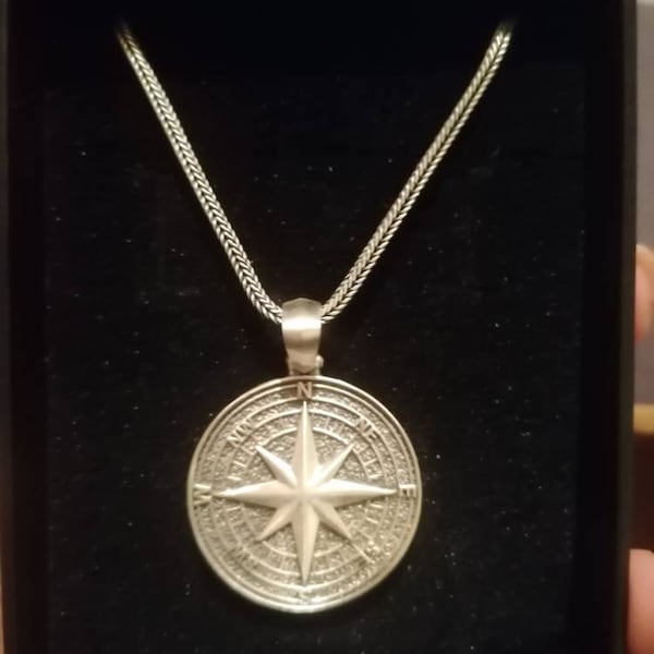 Silver Engravable Compass Sterling Silver Engraved Compass Necklace, North Star Pendant, Unisex ...