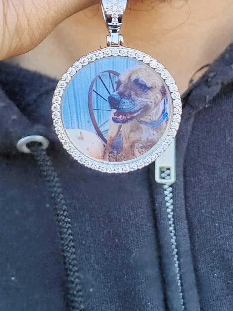 Personalized Diamond Studded Angel Wings Photo Necklace, Photo Necklace, Hip Hop Photo Pendant, Iced Custom Round Photo Pendant