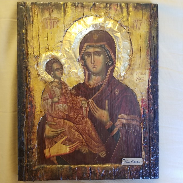Virgin Mary Panagia Tricherousa-Orthodox Greek Byzantine Wood