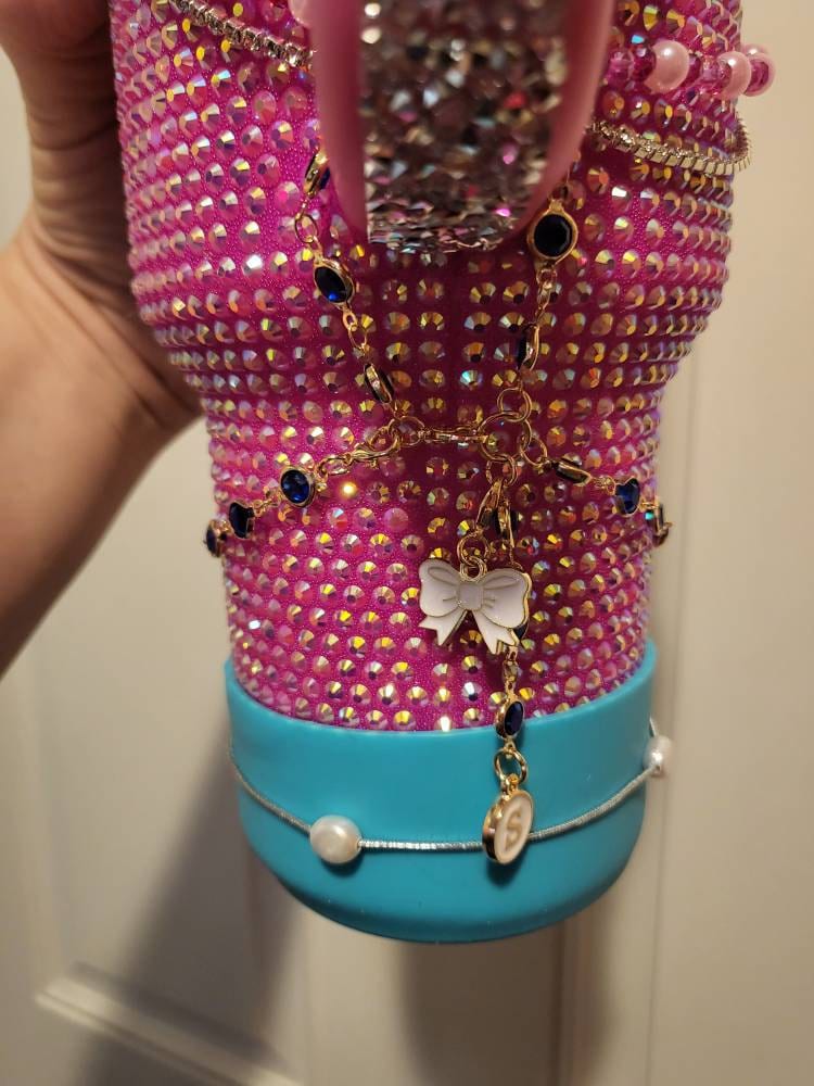 Stanley boot handle bracelet w/ personalized letter and bow charm, 40 oz Stanley bling charm, Stanley gift - pink, blue, purple, choc gold