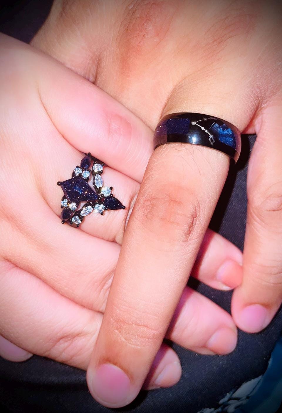 Nebula Couple&#39;s Ring Set, 3pc Wedding Band Set, Customize Constellations Rings, Blue Sandstone Ring Engagement Ring Wedding Anniversary Gift