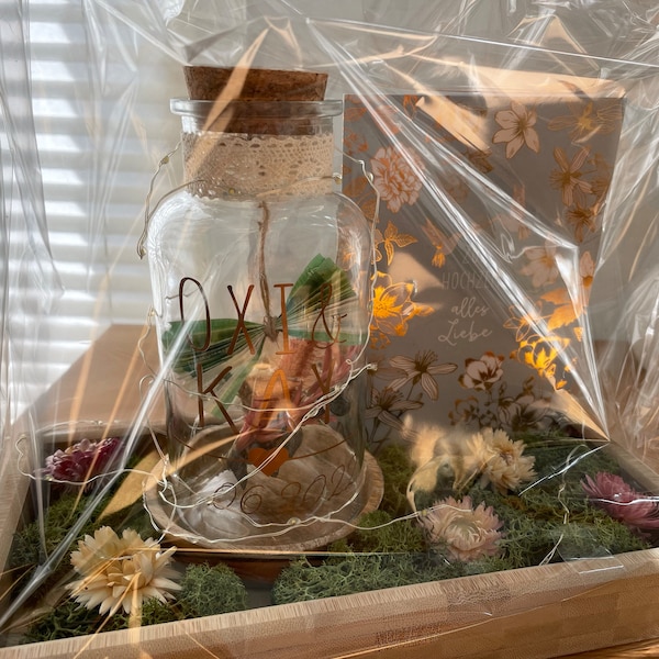 Geldgeschenk zur Hochzeit im Glas mit Trockenblumen • personalisiertes ...