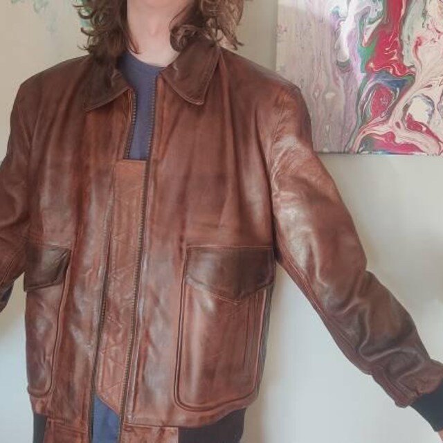 80s Vintage Brown Leather Bomber Jacket, Heavy Duty Handmade