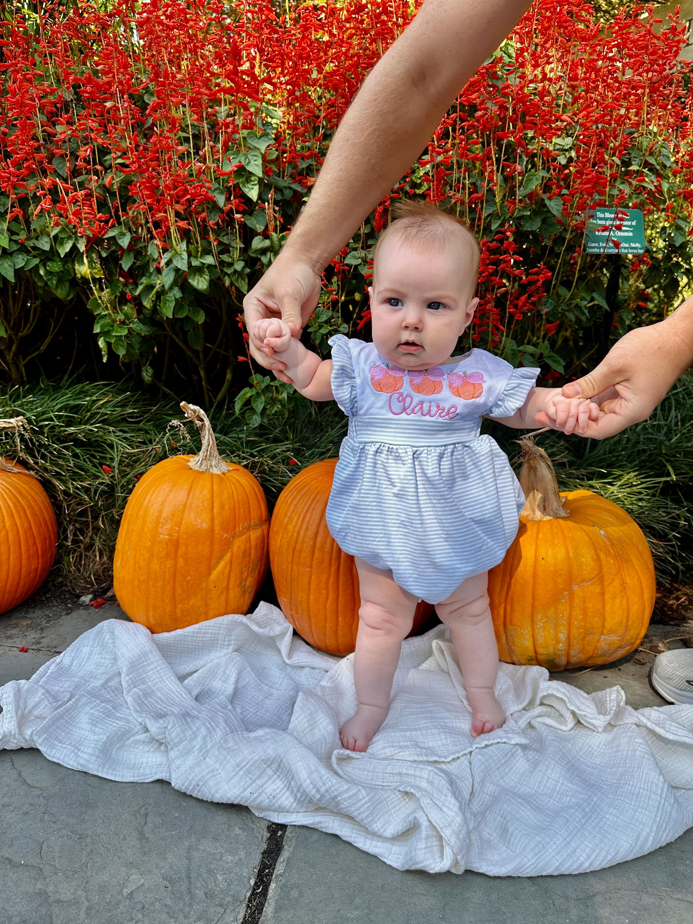 Cute Fall Pumpkin Outfit for baby and toddler Girl Monogram Romper Bubble | Striped Blue, Pink, Purple Soft Cotton | Name, monogram, initial