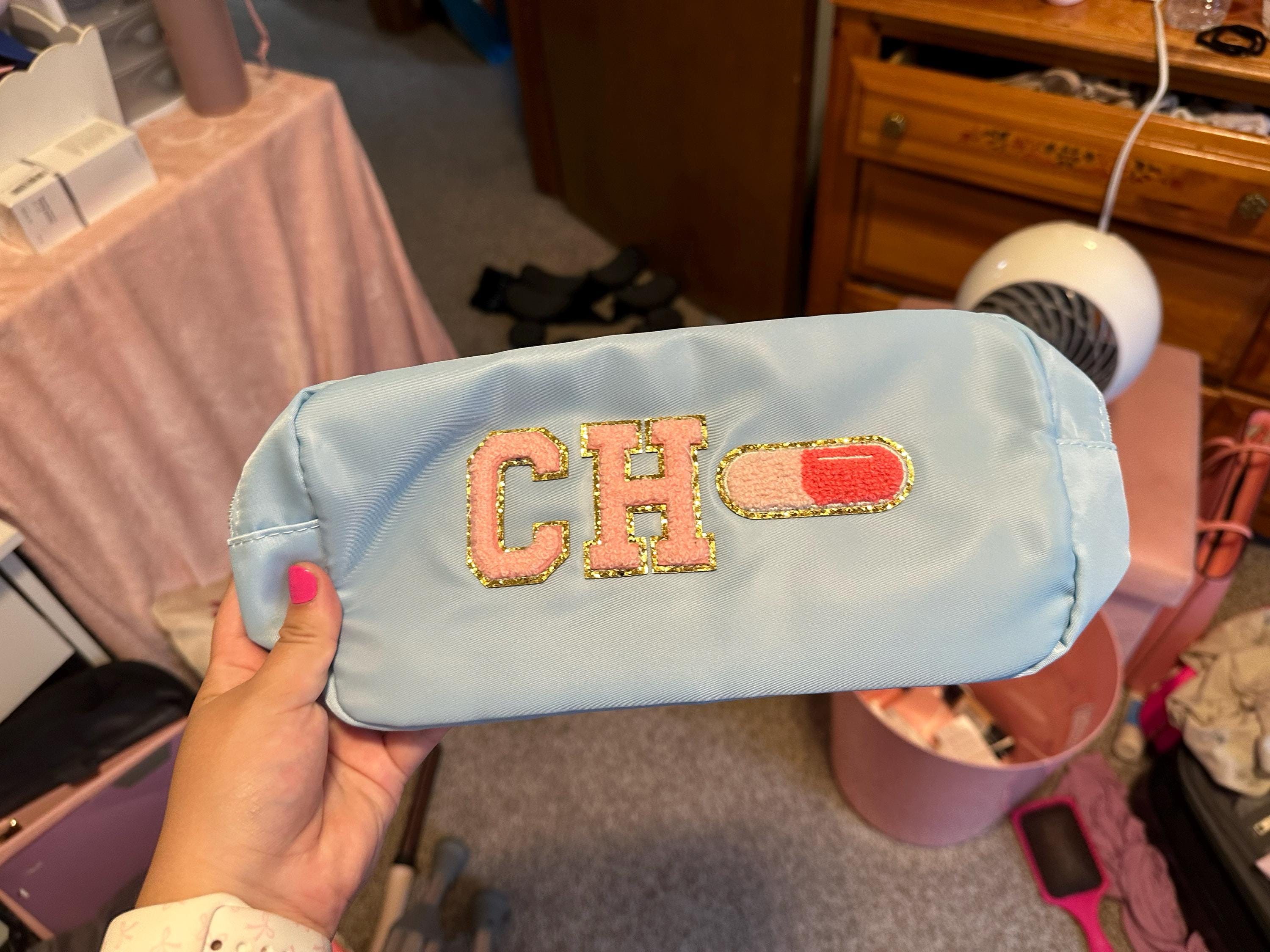 Cosmetic Bag - Makeup bag- Travel Bag- Bag with Patch- Customized Bag- Bridesmaid Gift- graduation gift- college bag- game day