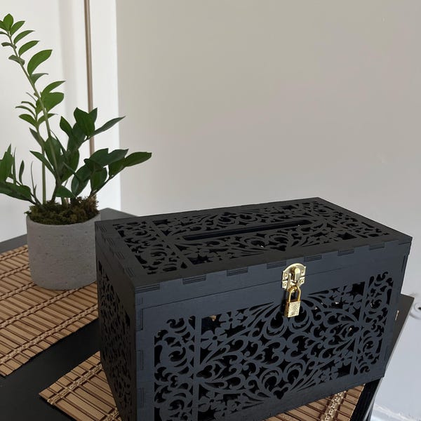 Personalized Black Wedding Card Box With Lock, Wooden Envelope Holder ...