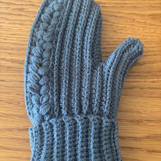 A customer's finished Crochet Cardigan, Mittens and Ear Warmer Pattern Bundle