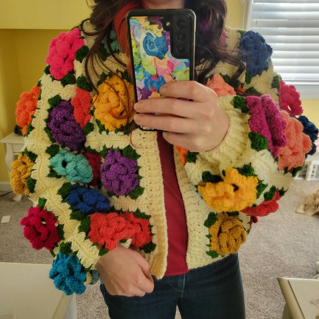 Crochet Jumbo Rose Cardigan, Black Granny Square Cardigan