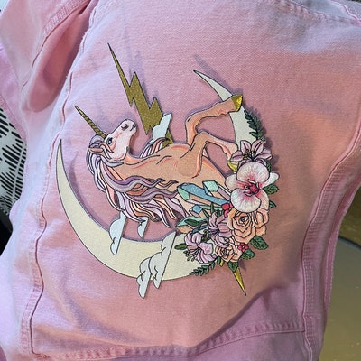 Pink Unicorn & Moon XL Back Patch Patches for Jackets, Embroidered Iron ...