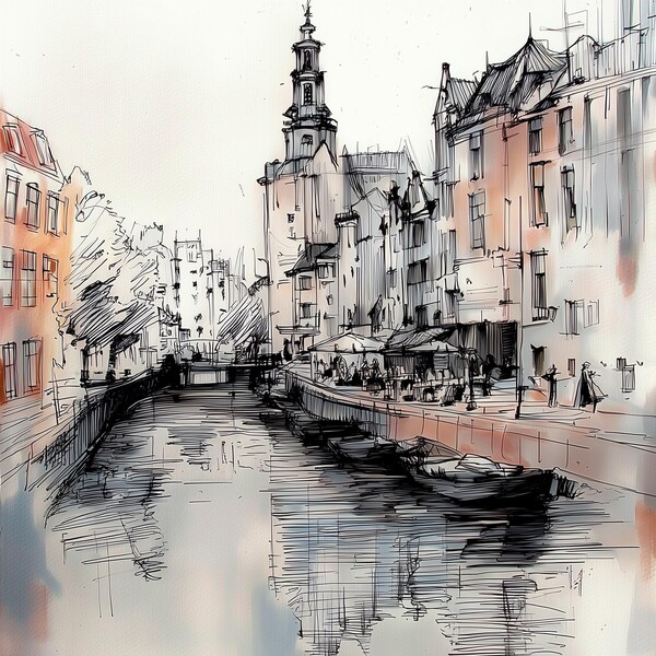 European Landscape Sketch Print | Cityscape Line Drawing Wall Art ...