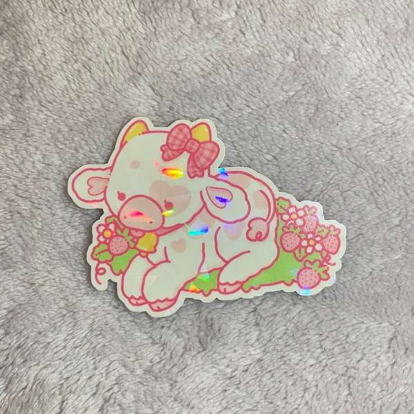 Strawberry Cow - Holographic Vinyl Sticker - Etsy