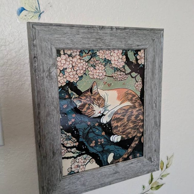 眠っている三毛猫と桜、日本の浮世絵 / ポスター、プリント、ウォール