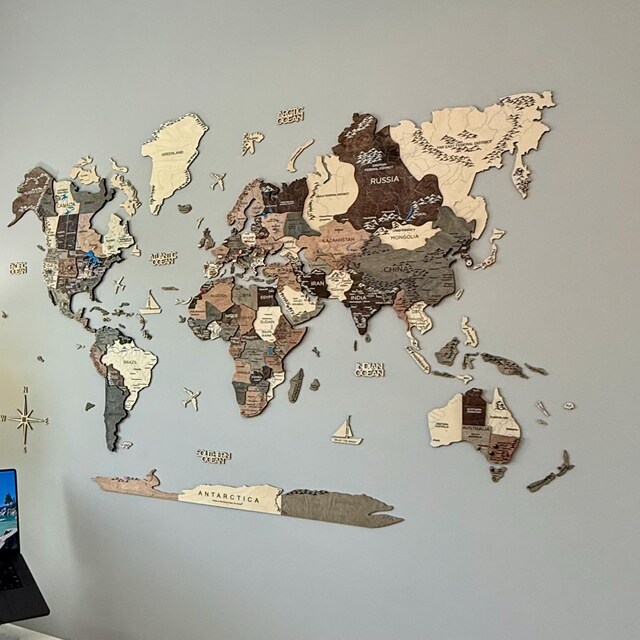 Handcrafted Wooden World Map Wall Art, Home Office Decor, Push