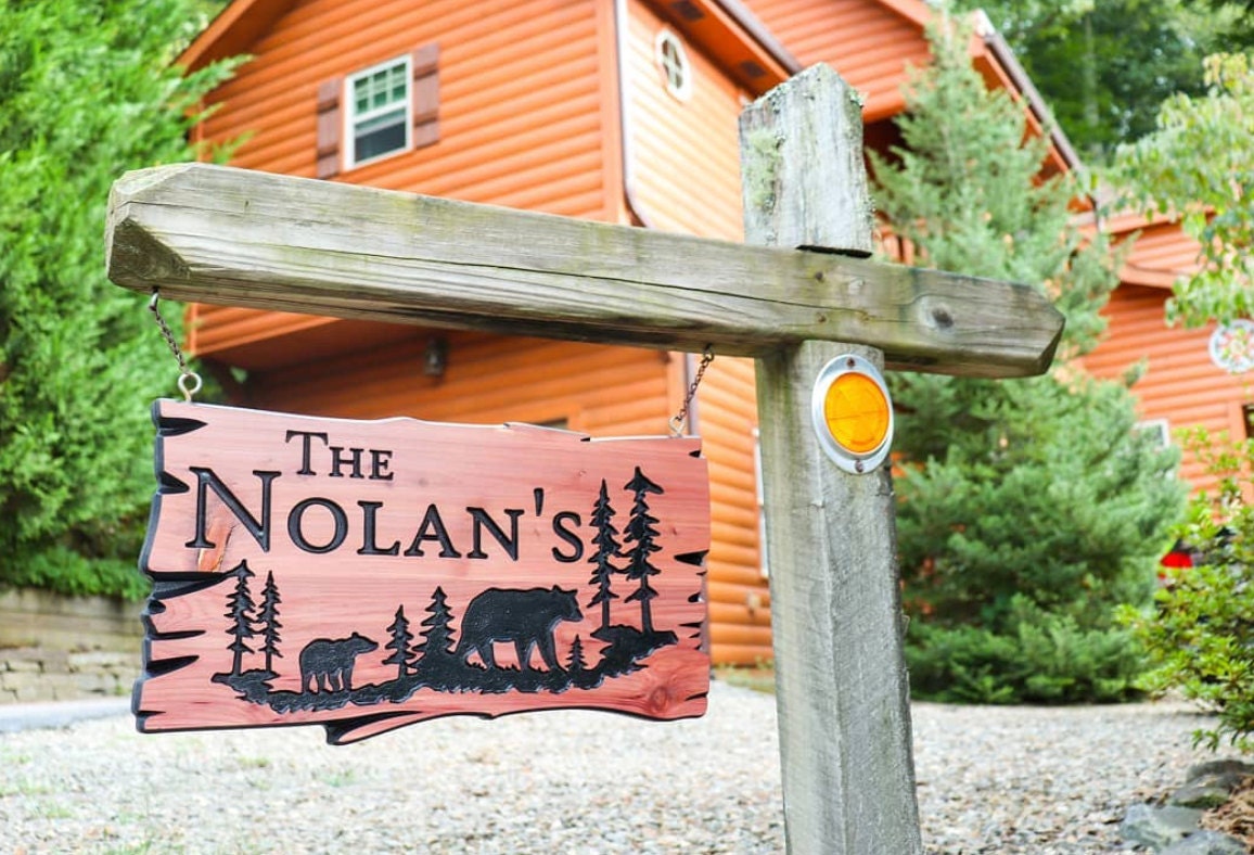 Custom Outdoor Wood Sign, Personalized Sign Engraved Home Decor Cabin Signs, Camp Sign, Address House Numbers Bears Pine Trees Family Name