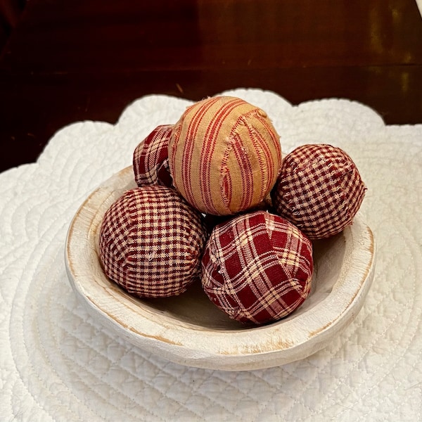 Primitive RAG BALLS Set of 6, RUSTIC Burgundy, Country Christmas ...